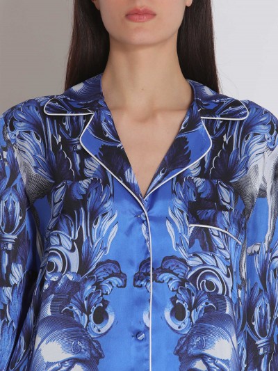 Balestra Camicia maniche lunghe in seta con stampa fondo blu